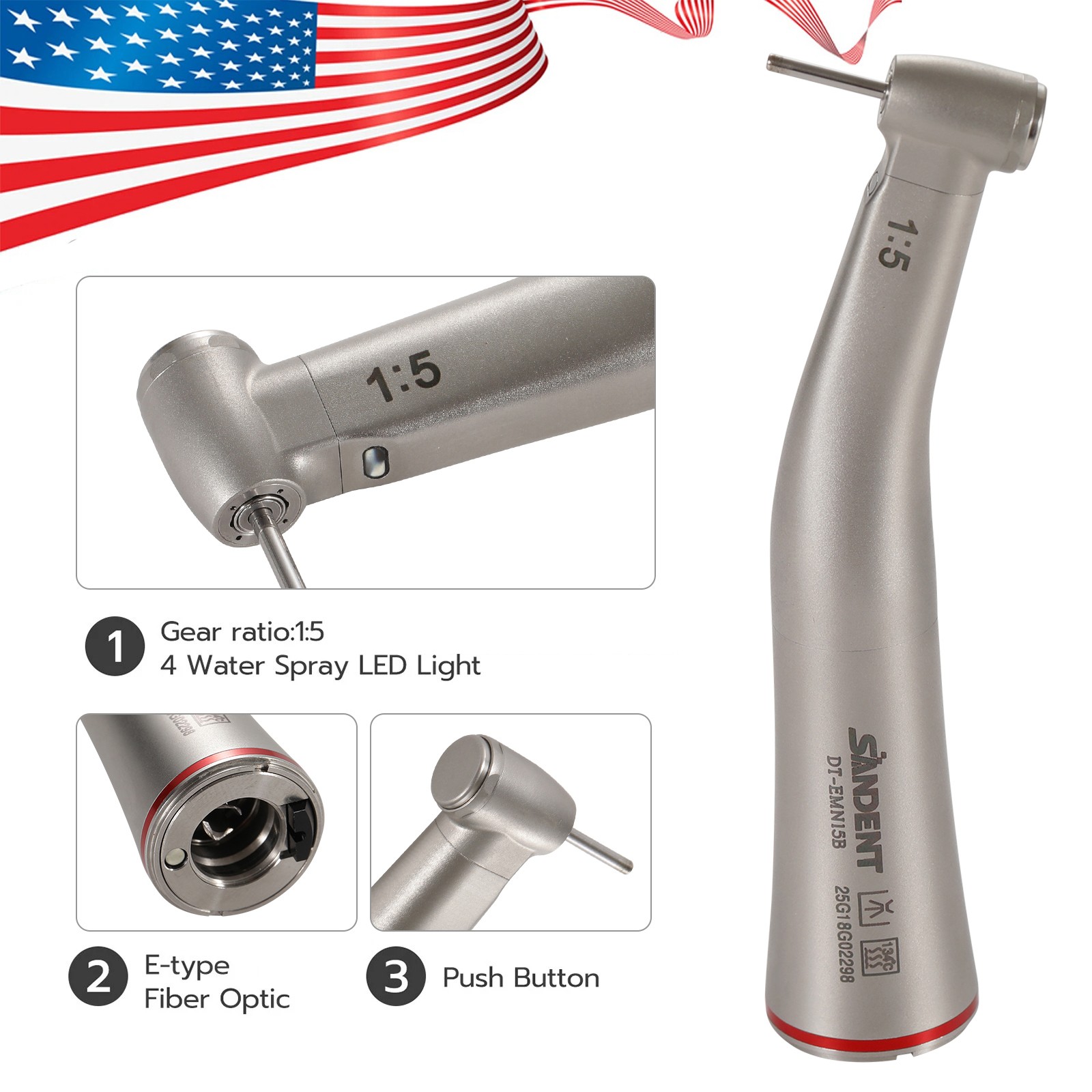 DT Dental 1:5 Mini Head Fiber Optic Contra Angle Handpiece LED Stainless Steel