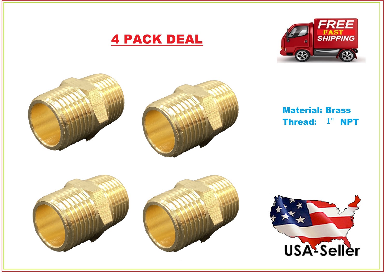 4 Pack Hex Bushing 1 Inch” NPT Nipple Pipe Fitting Brass