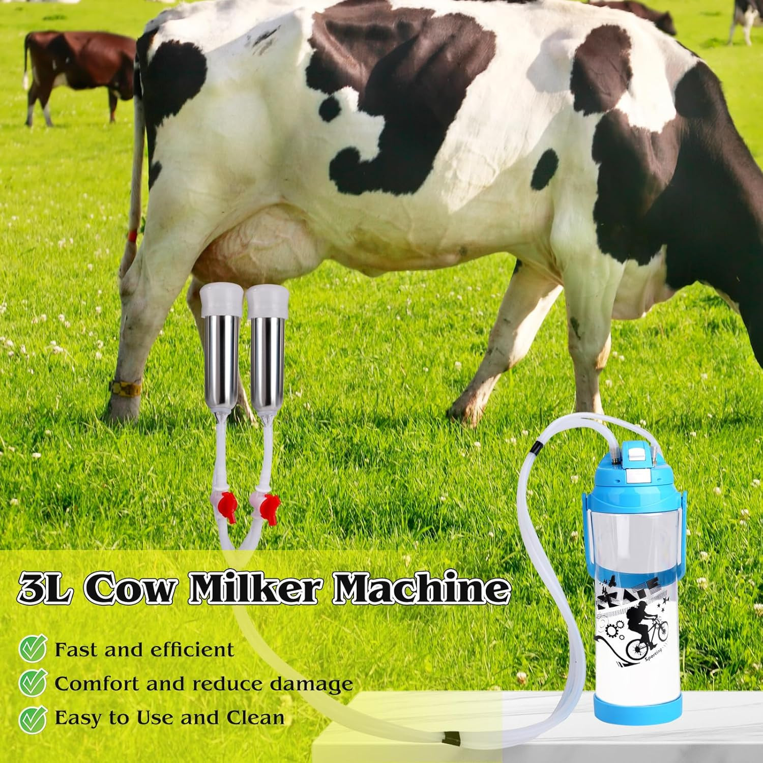 Milking Machine for Cow Electric Milker 3L Portable Pulsation Vacuum Pump Automa