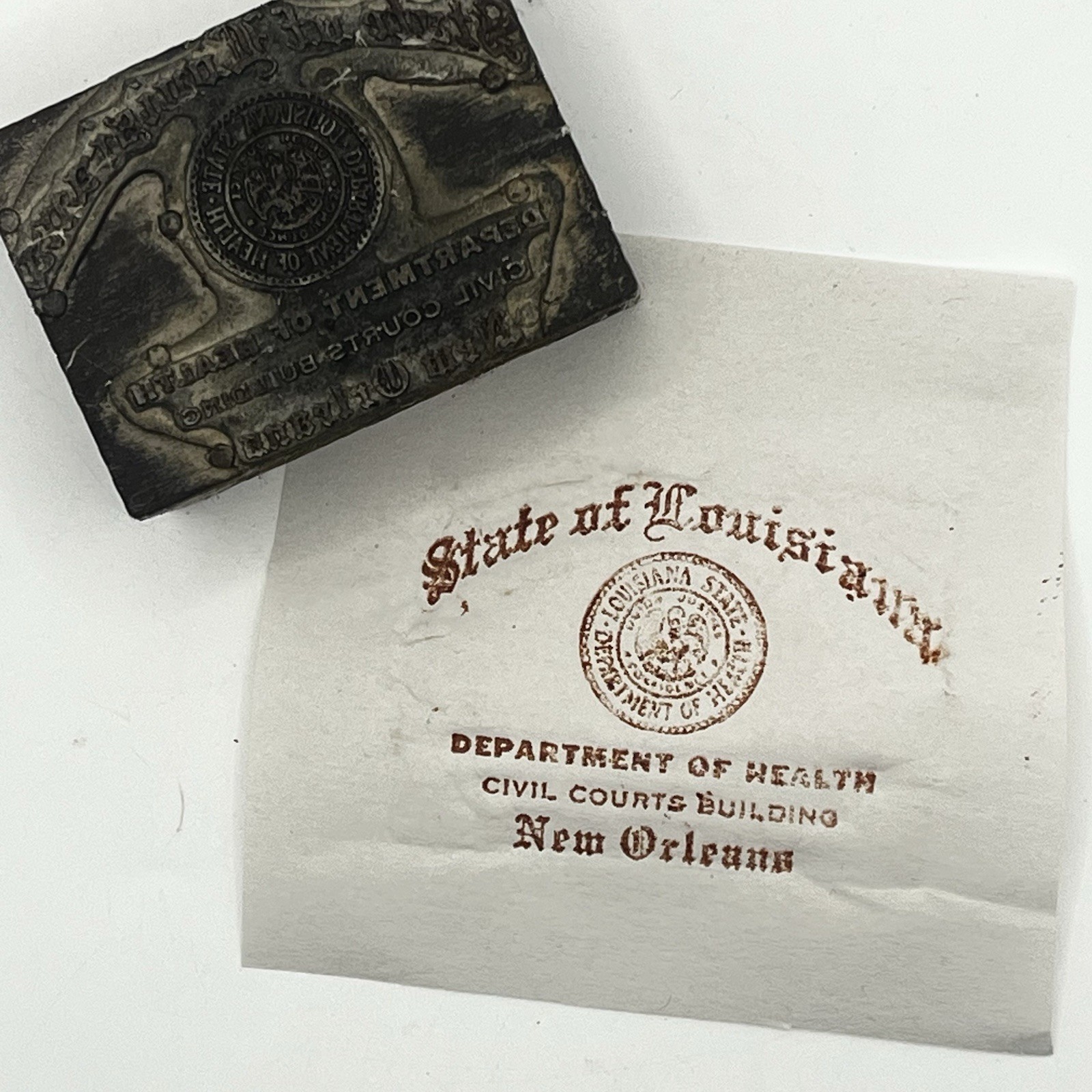 Letter Press print Block Louisiana Health Dep Nola VTG Seal 2 X 1 1/2inch