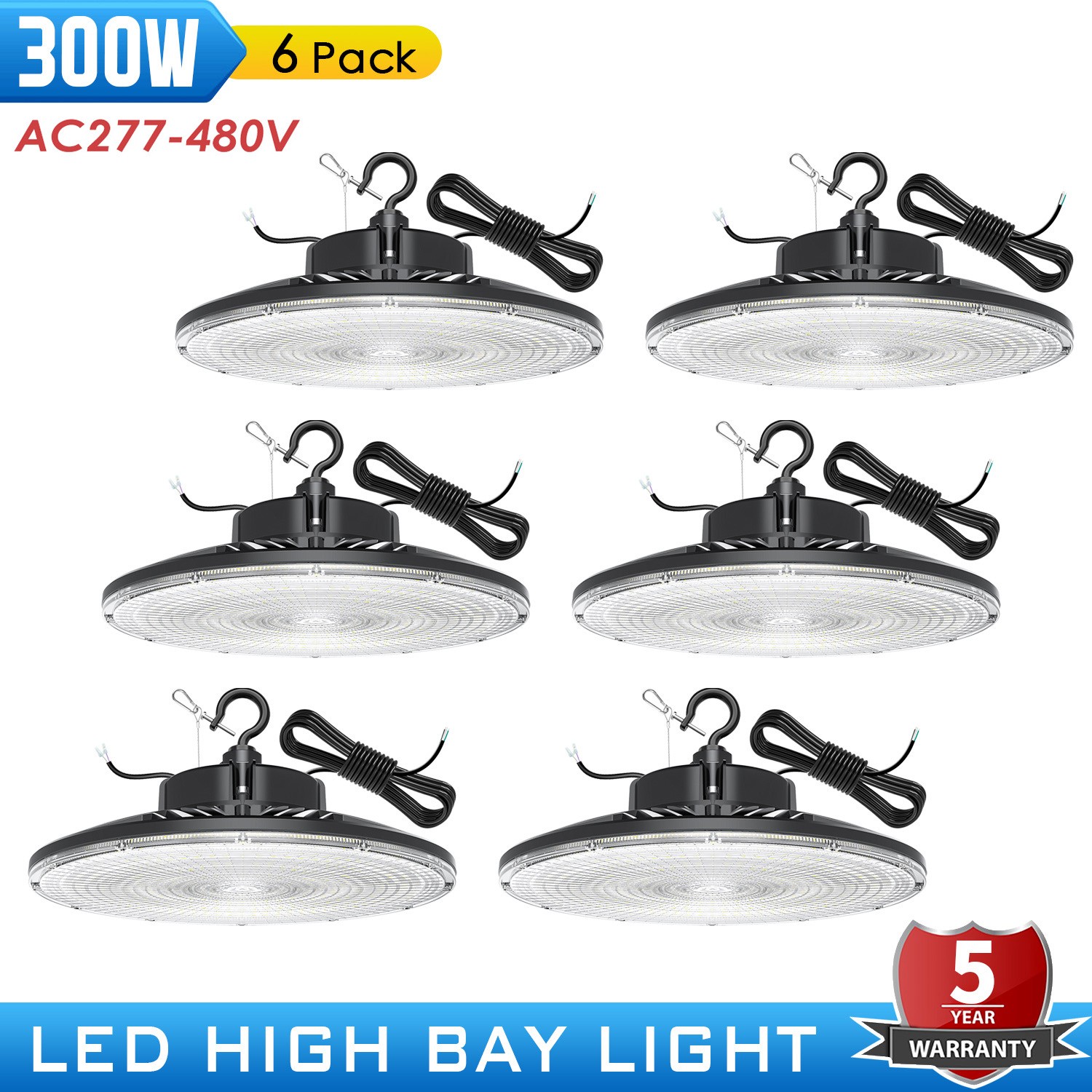 6 PACK 480V UFO LED High Bay Light 300W Dimmable Warehouse Shop Fixture 42,000lm