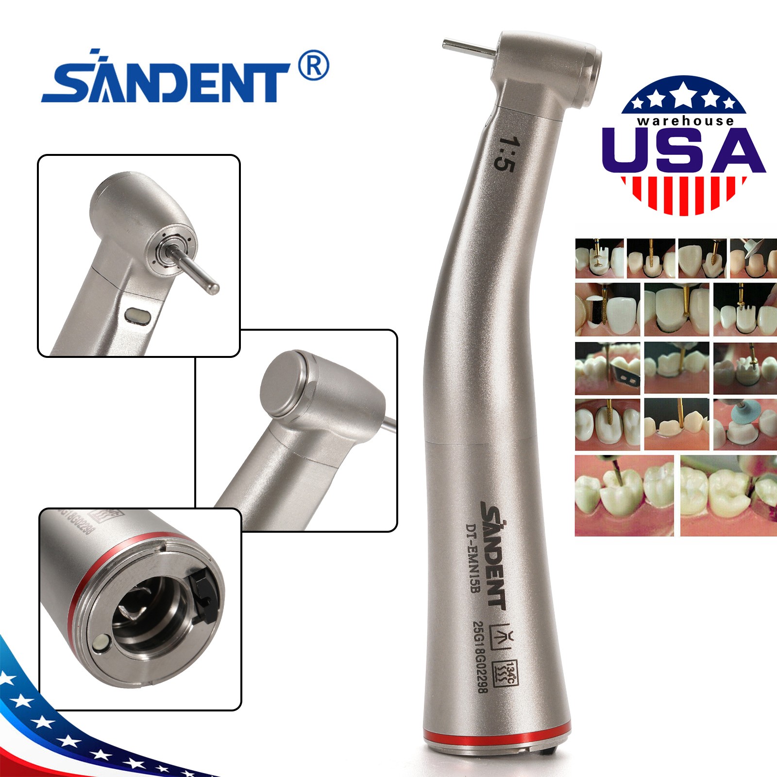 DT Dental 1:5 Mini Head Fiber Optic Contra Angle Handpiece LED Stainless Steel
