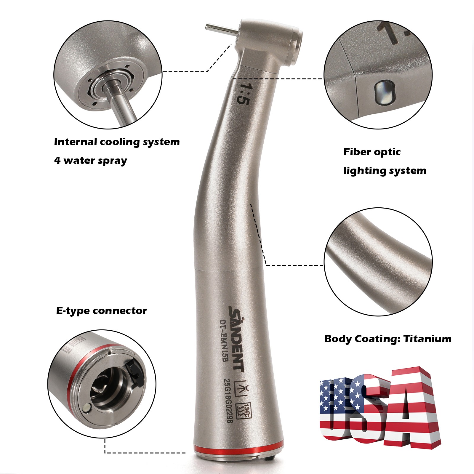 DT Dental 1:5 Mini Head Fiber Optic Contra Angle Handpiece LED Stainless Steel