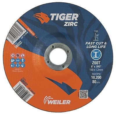 Tiger Zirc Cutting Wheel, 6 in dia, 0.045 in Thick, 7/8 in Arbor, Zirconia