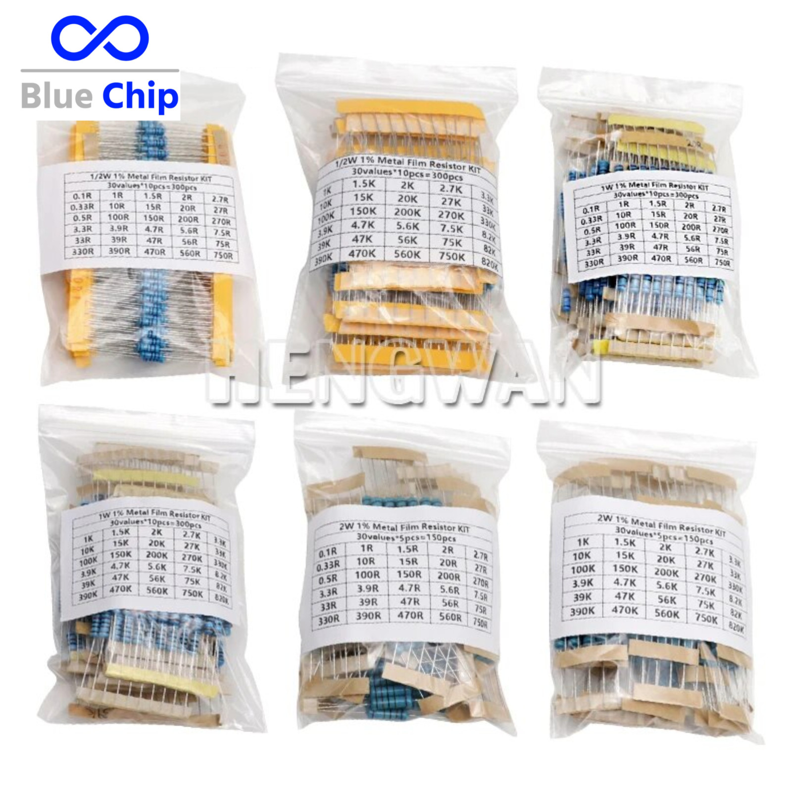 150/300PCS 0.5W 1W 2W 3W Resistance 1% Metal Film Resistor Kit Set 0.1R~820k Ohm