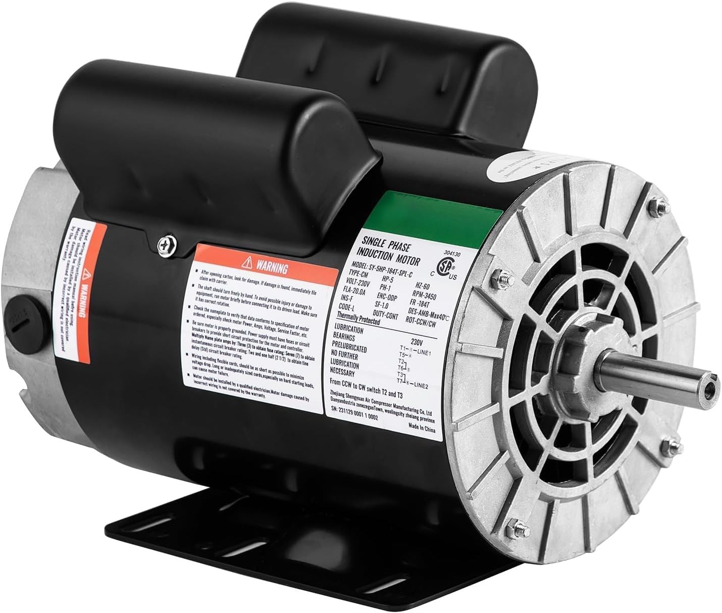 5HP SPL Air Compressor Motor 230V 3450RPM 56 Frame Motor CW/CCW Rotation