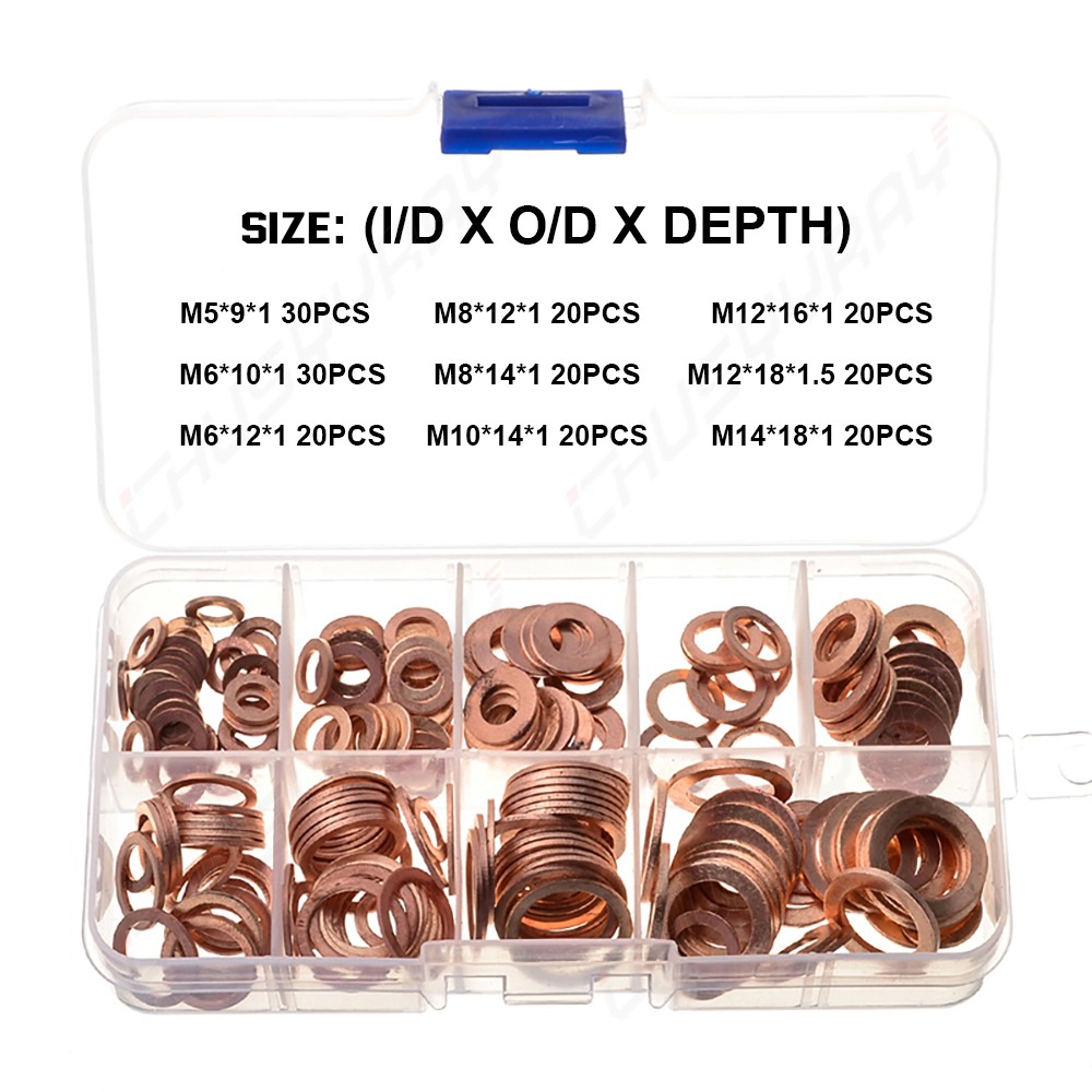 200pcs Copper Crush Washer Kit 9 Size Metric Sealing Oil Drain Plug Banjo M5-M14