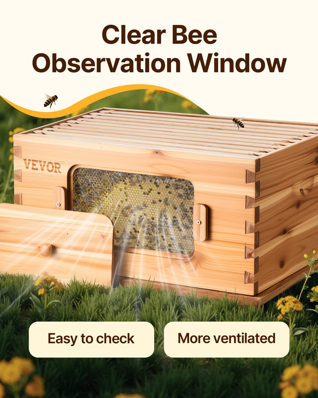 VEVOR Bee Hive Langstroth Medium Beehive Kit 10 Frames Acrylic Bee Windows