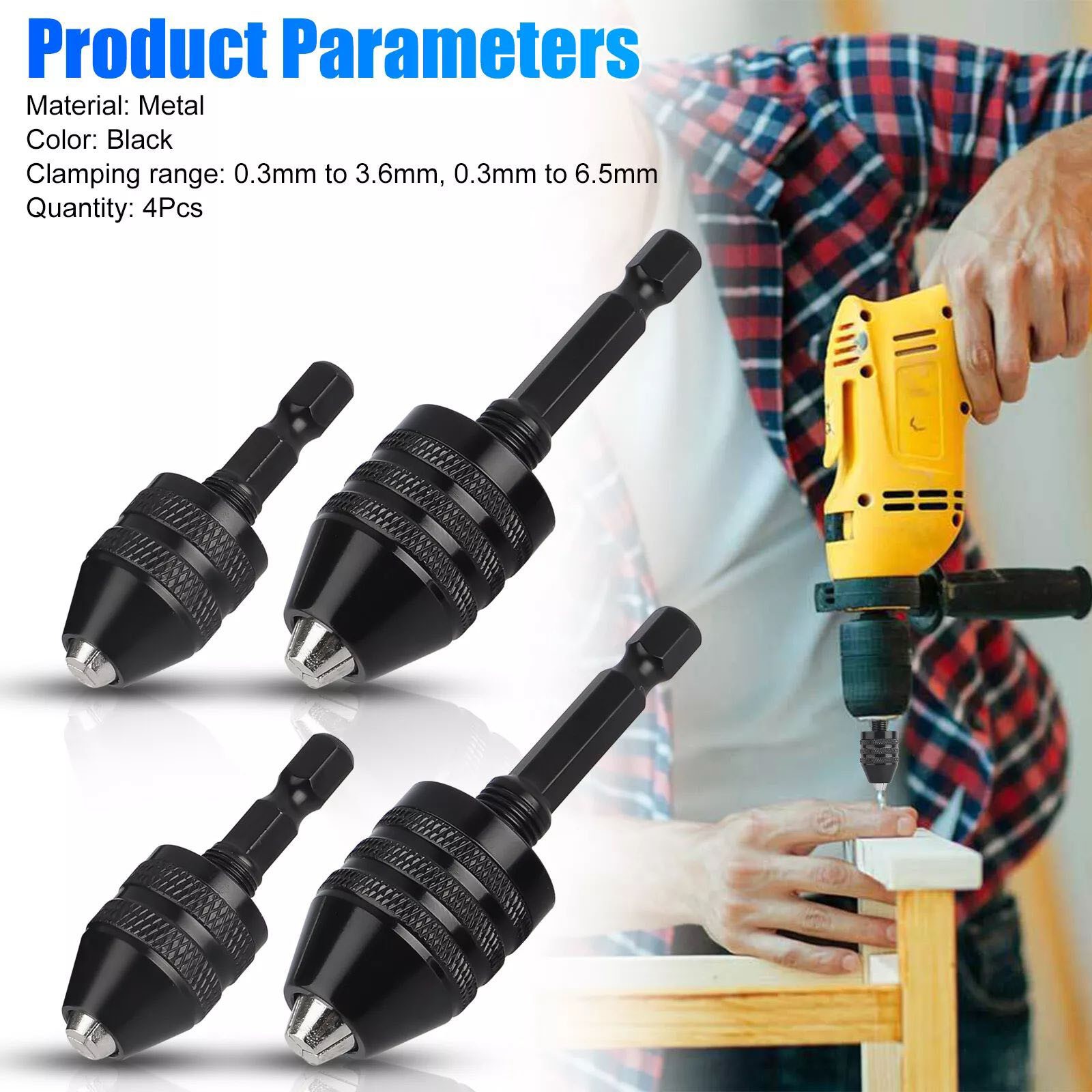 4Pcs 1/4″Hex Shank Keyless Drill Chuck Adapter Bit Quick Change Converter Driver