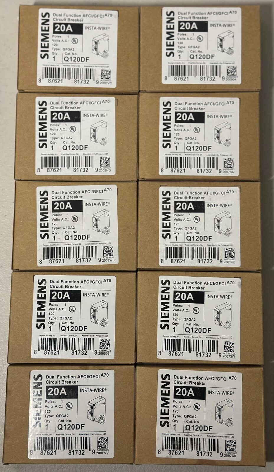 10 PCS SIEMENS Q120DF 20A DUAL FUNCTION AFCI/GFCI (WITH PIGTAIL WIRE) NEW