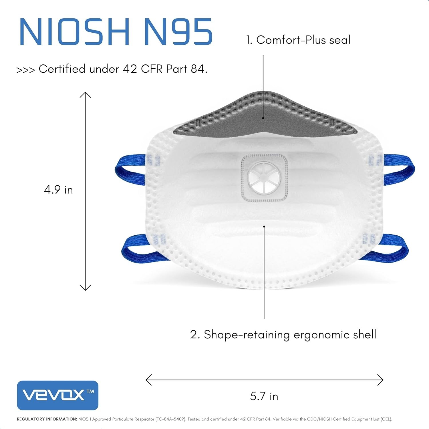 VEVOX N95 Mask NIOSH Approved 10 Pack Valved Particulate Respirator
