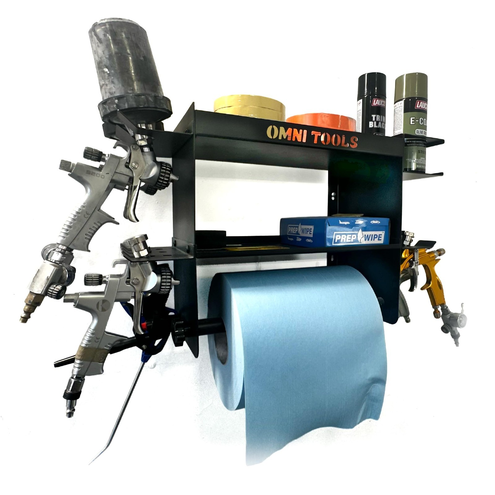 OMNI TOOLS Wall Mount Paper Towel Holder Rack Spray Gun Shelf – Black Steel