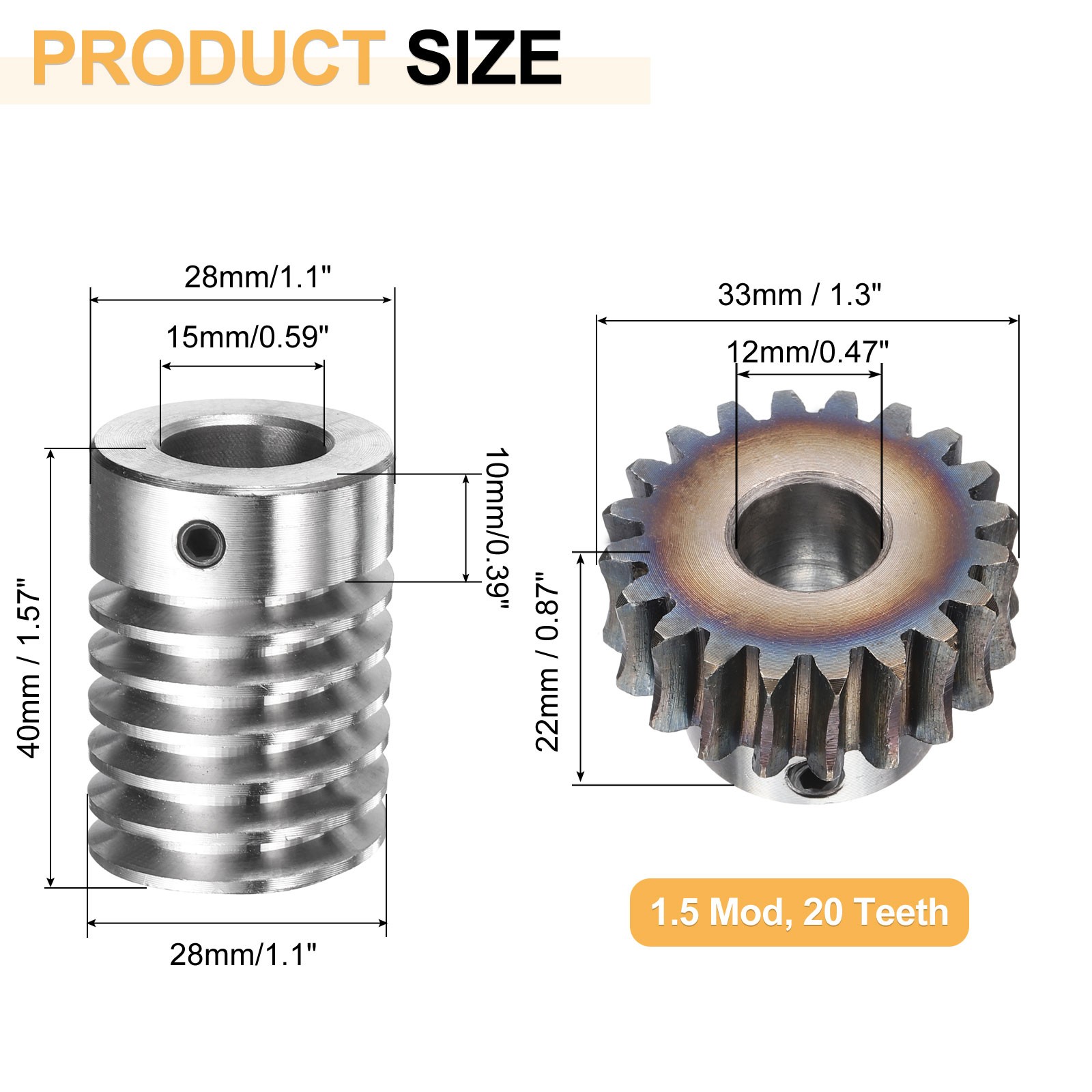 Worm Gear Set 1.5 Module 20:1 Reduction Rate Gear-12mm ID 33mm OD, Rod 15mm Bore