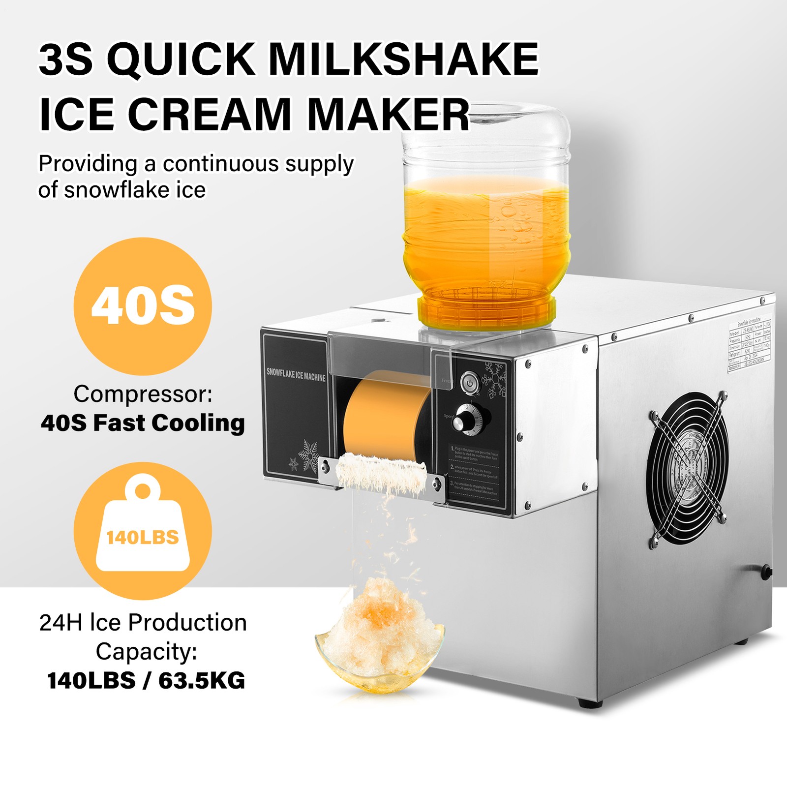 Commercial Snowflake Machine Ice Shaver Snow Cone Shaving Maker Adjustable Speed