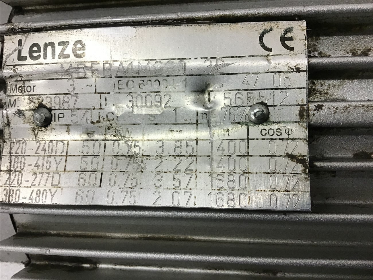 Lenze .75 KW 220-277/380-480 Volts AC Motor 1680 Rpm