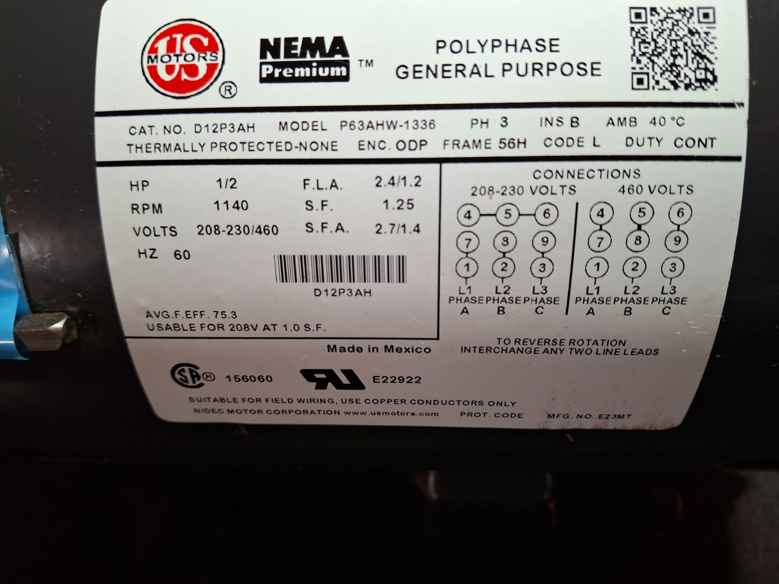US Motor #D12P3AH 1/2HP 1140RPM 208-230/460V 2.4/1.2A 60Hz Model #P63AHW-1336