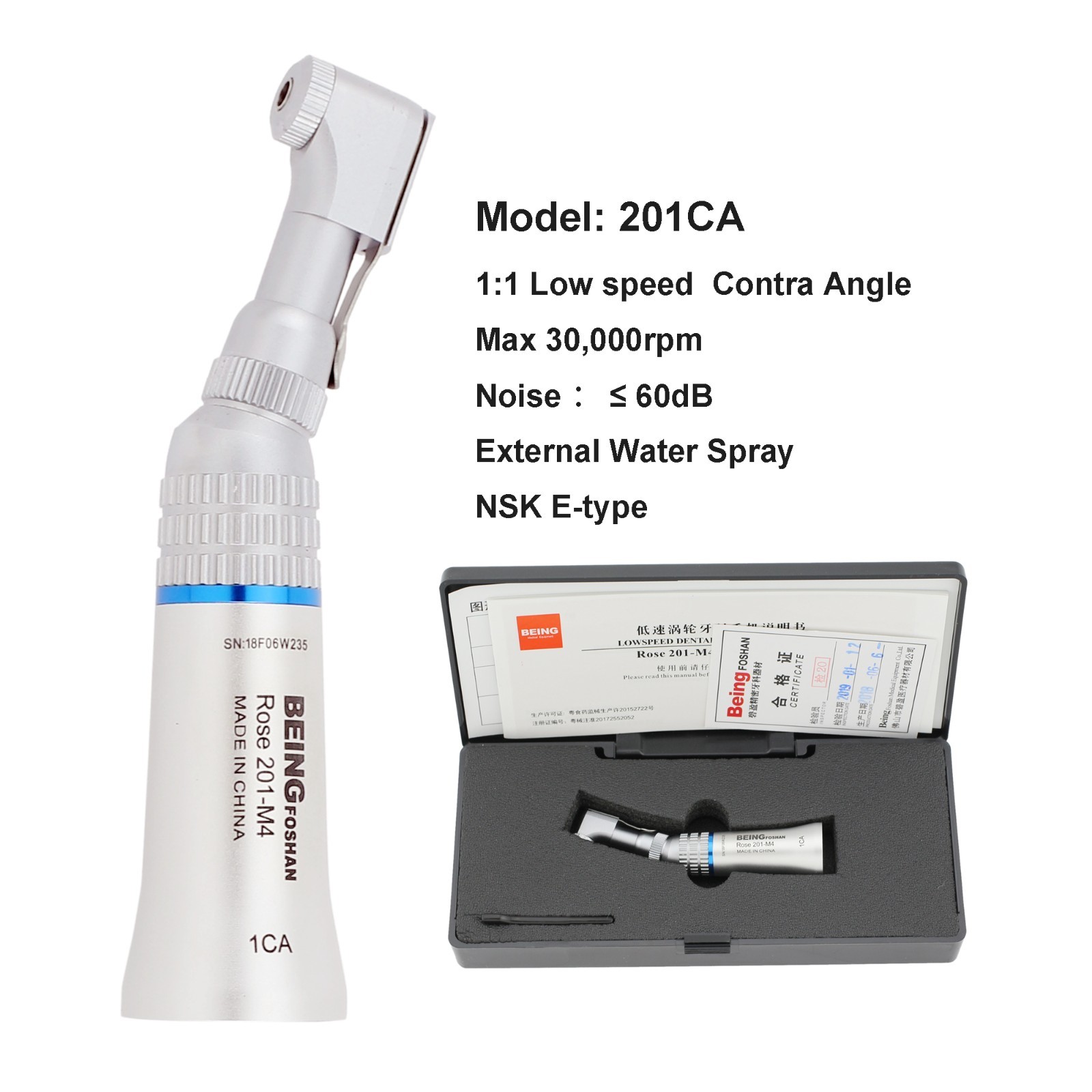BEING Dental Contra Angle Handpiece 4 Hole Low Speed Handpiece ISO E Type NSK EC