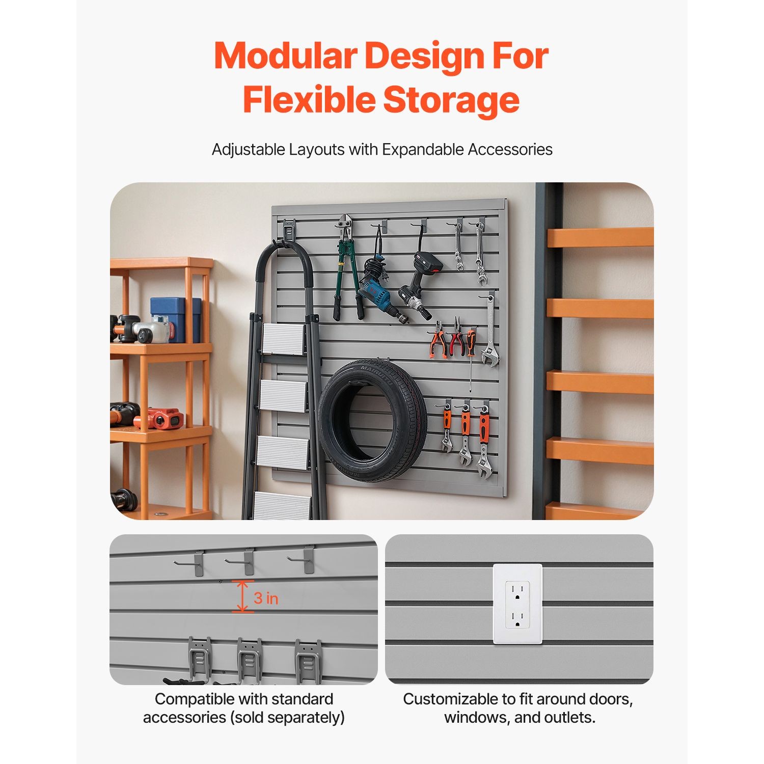 4×4 ft PVC Slatwall Panel, Modular Grey Garage Storage Wall with Coupling