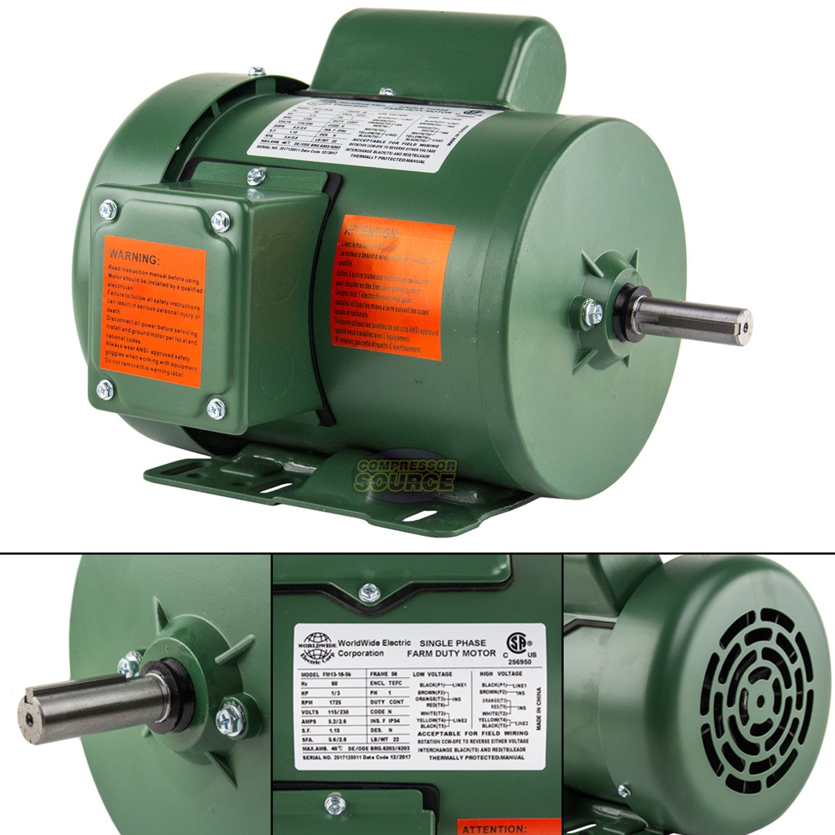 1/3 HP Single Phase Farm Duty Electric Motor 56 Frame 1800 RPM TEFC Enclosure