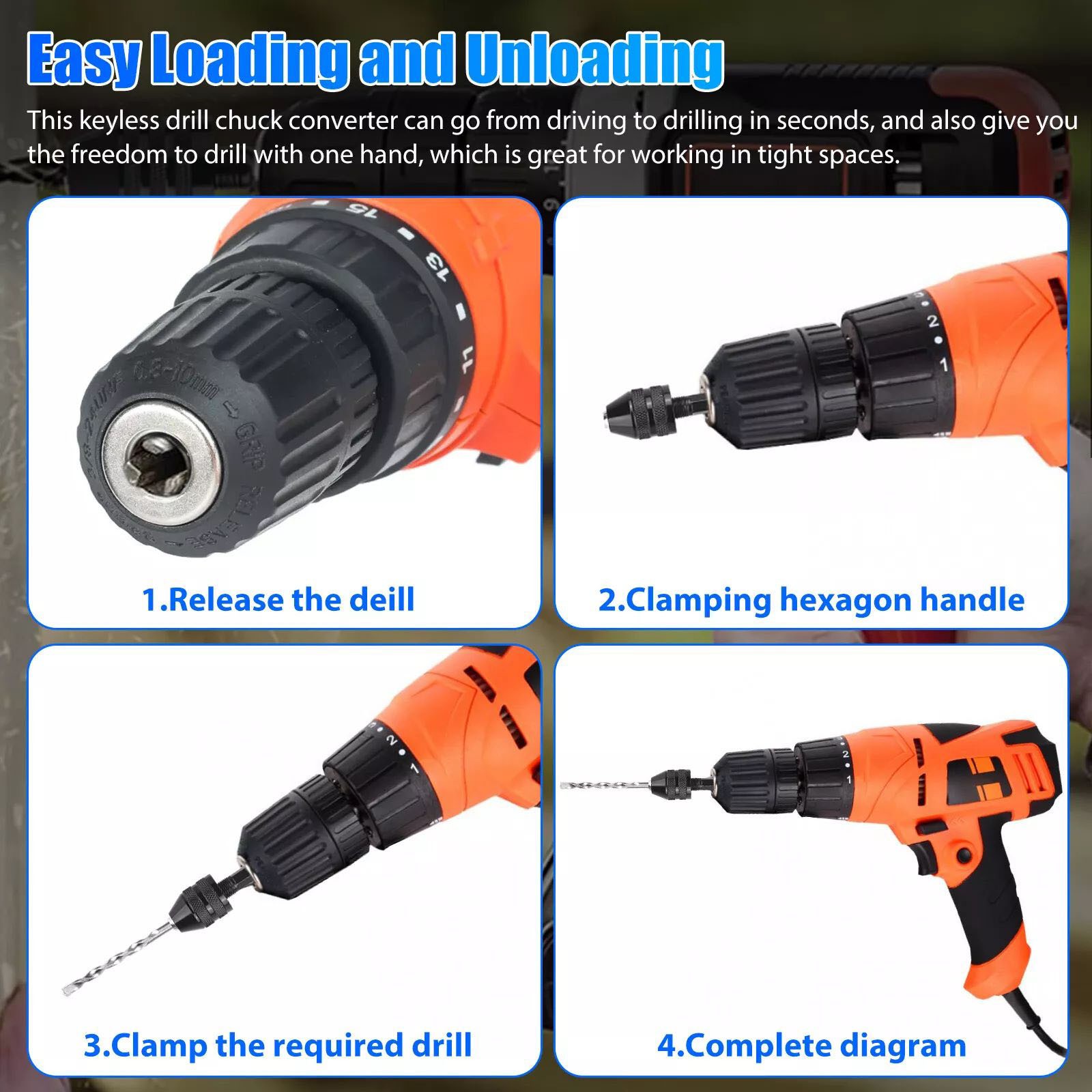 4Pcs 1/4″Hex Shank Keyless Drill Chuck Adapter Bit Quick Change Converter Driver