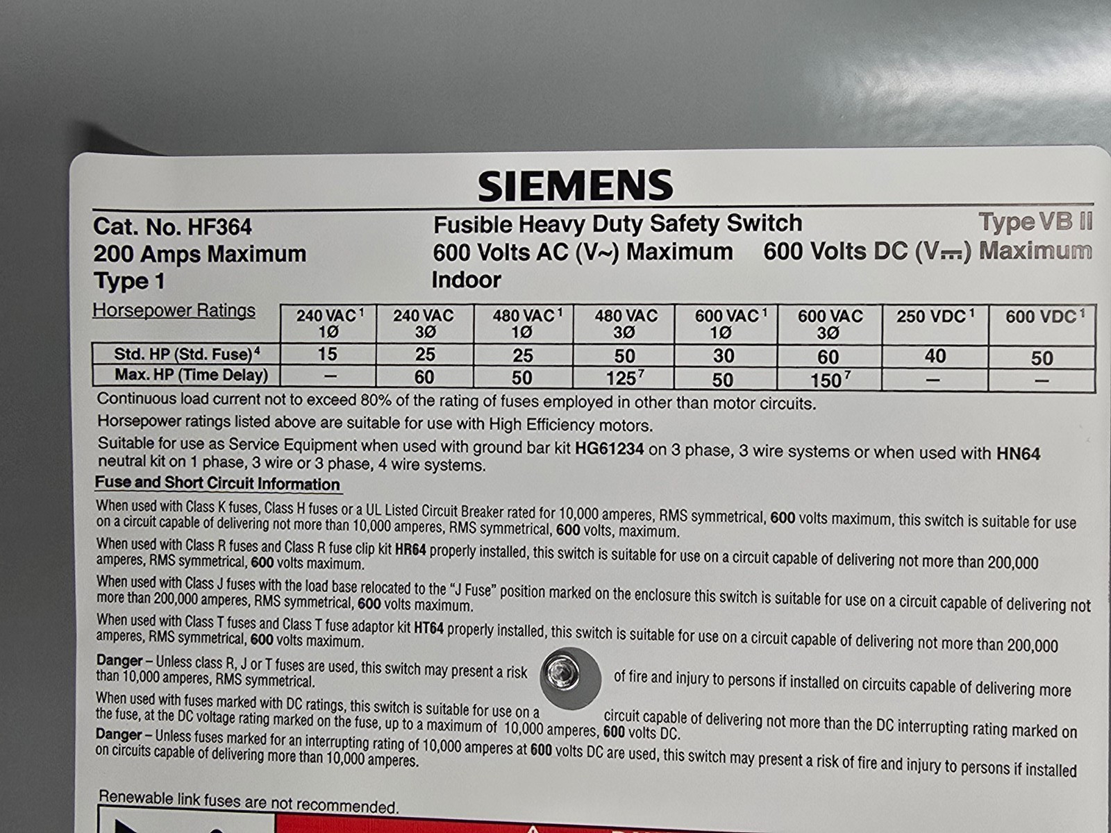 SIEMENS HF364, HEAVY DUTY SAFETY SWITCH ,3p/200A/600V, NEW IN BOX! MAKE OFFER!