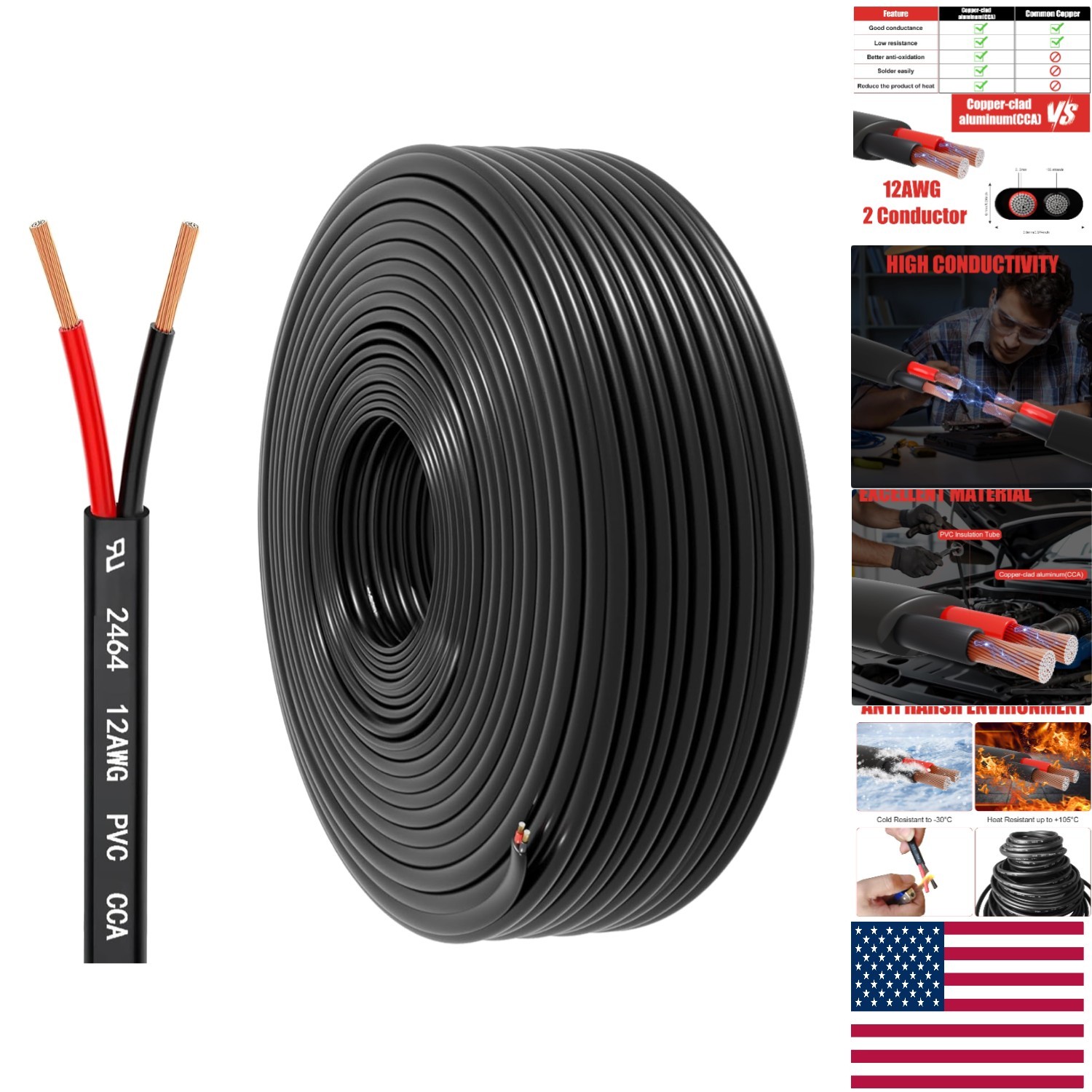 50FT 12 AWG Copper Clad Aluminum Wire – Ideal for Automotive & Marine Use