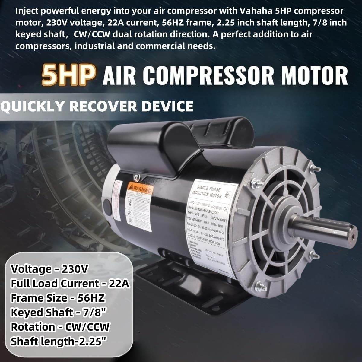 5HP 3450RPM Air Compressor Electric Motor 230V 56HZ Frame 7/8″Keyed Shaft CW/CCW