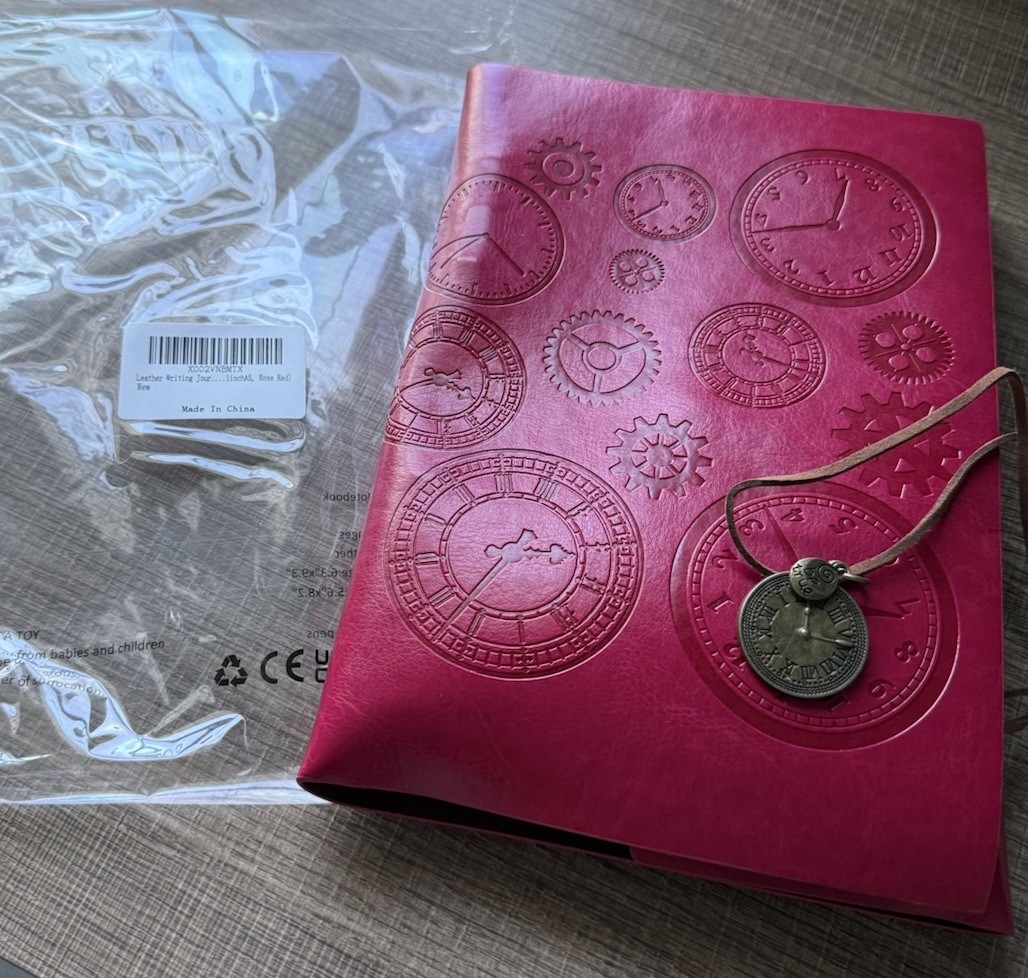 Leather Writing Journal Rose Red Clock Design 11inA5