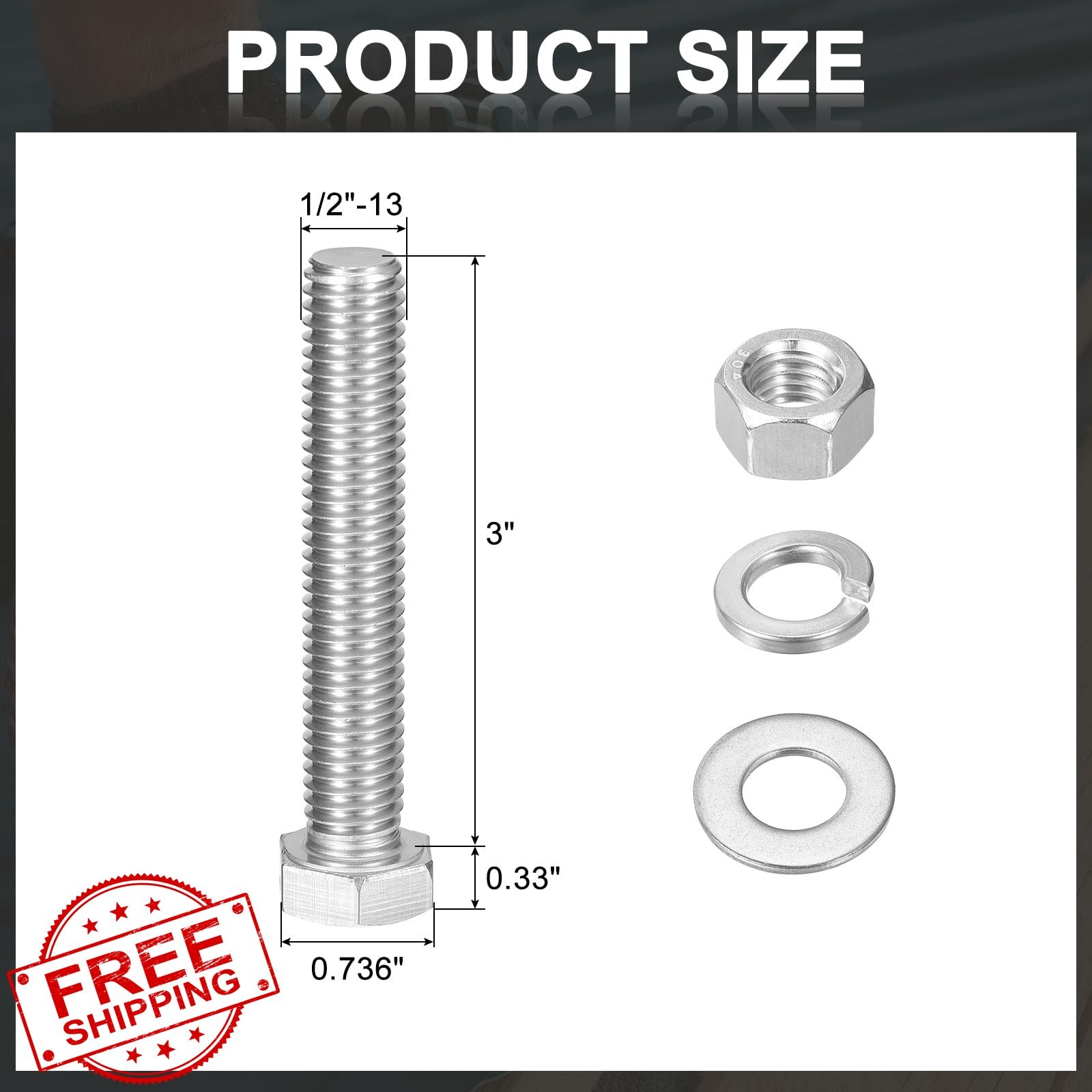 uxcell 5Set 1/2-13 x 3″ Hex Head Bolts SS