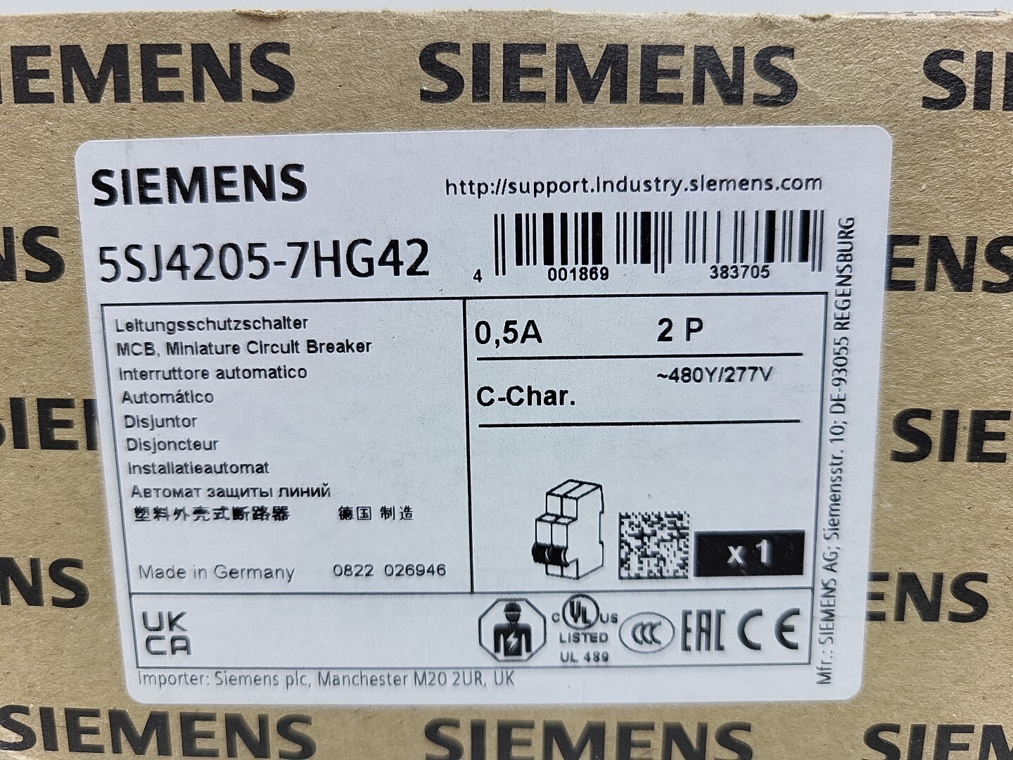 Siemens 5SJ4205-7HG42 Circuit Breaker 0.5A Amp 2-Pole Type NSJ 277V/480Y New