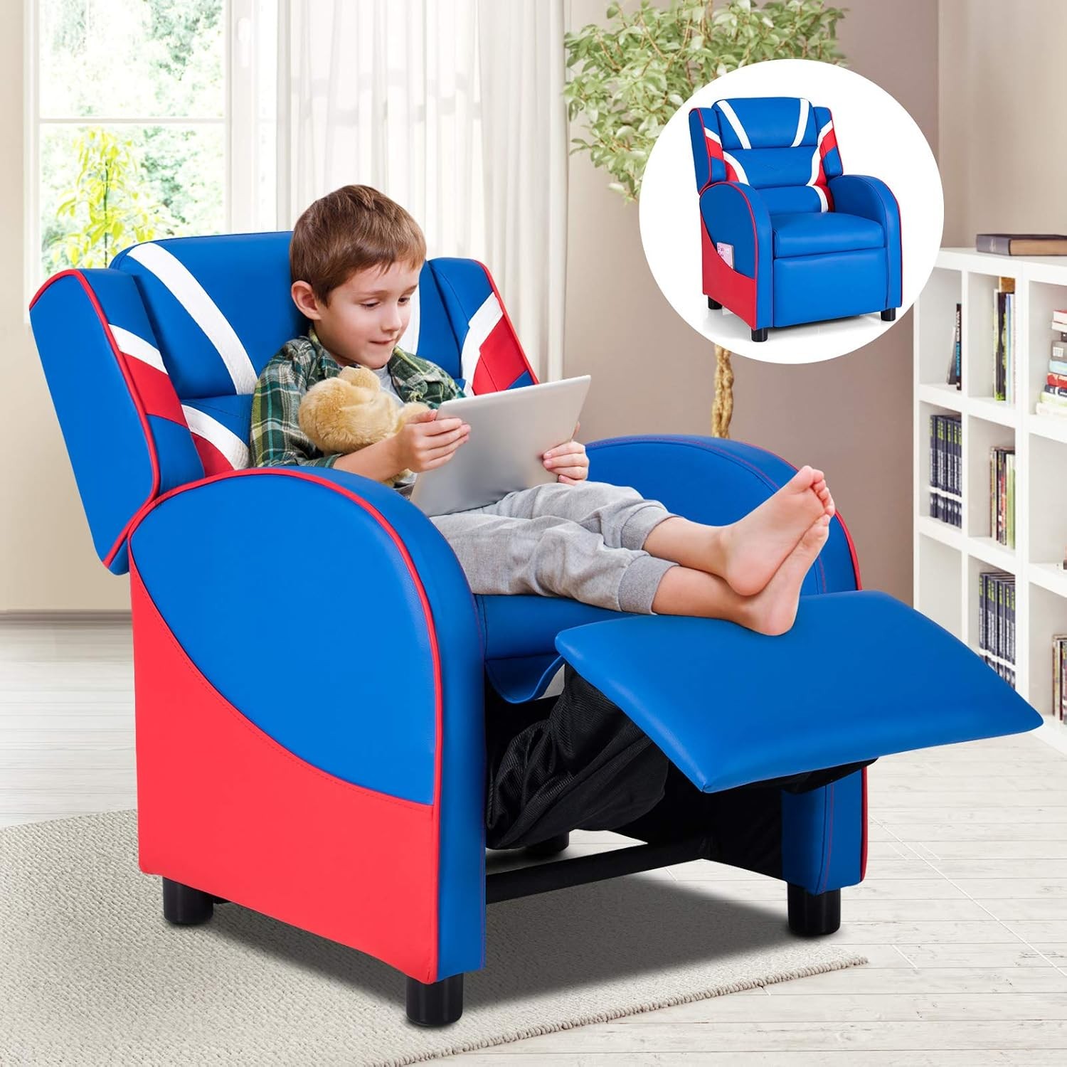 Costzon Kids Recliner Gaming Chair Footrest Headrest Blue Leather
