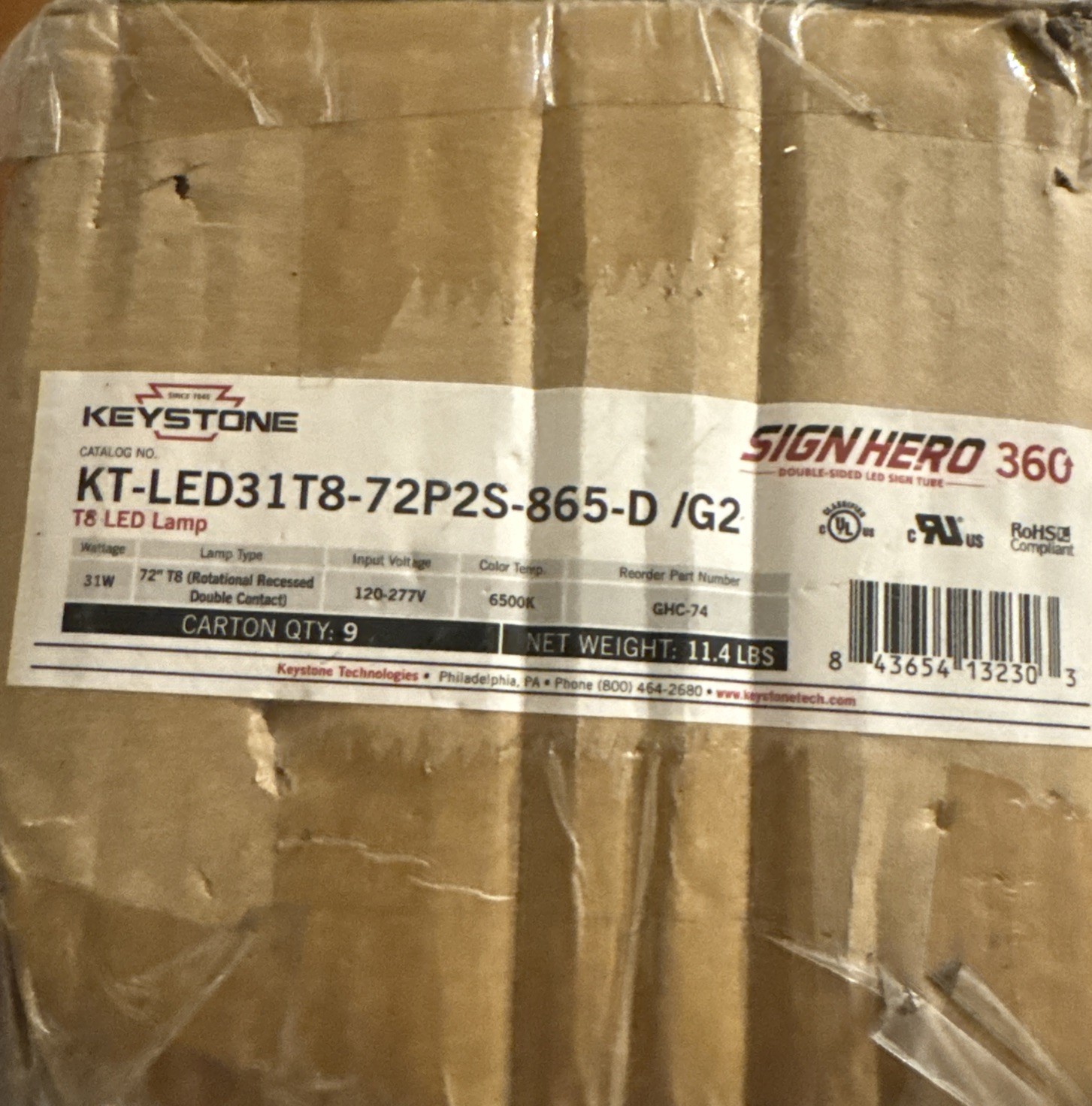 Keystone T8 LED Lamp KT-LED31T8-72P2S-865-D/G2 Part No. GHC-74 (Case of 9)