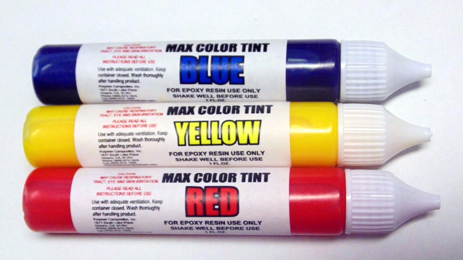TRANSPARENT COLOR TINT KIT RED YELLOW BLUE 4 EPOXY RESIN 1.OZ EZ DISPENSE TUBES*