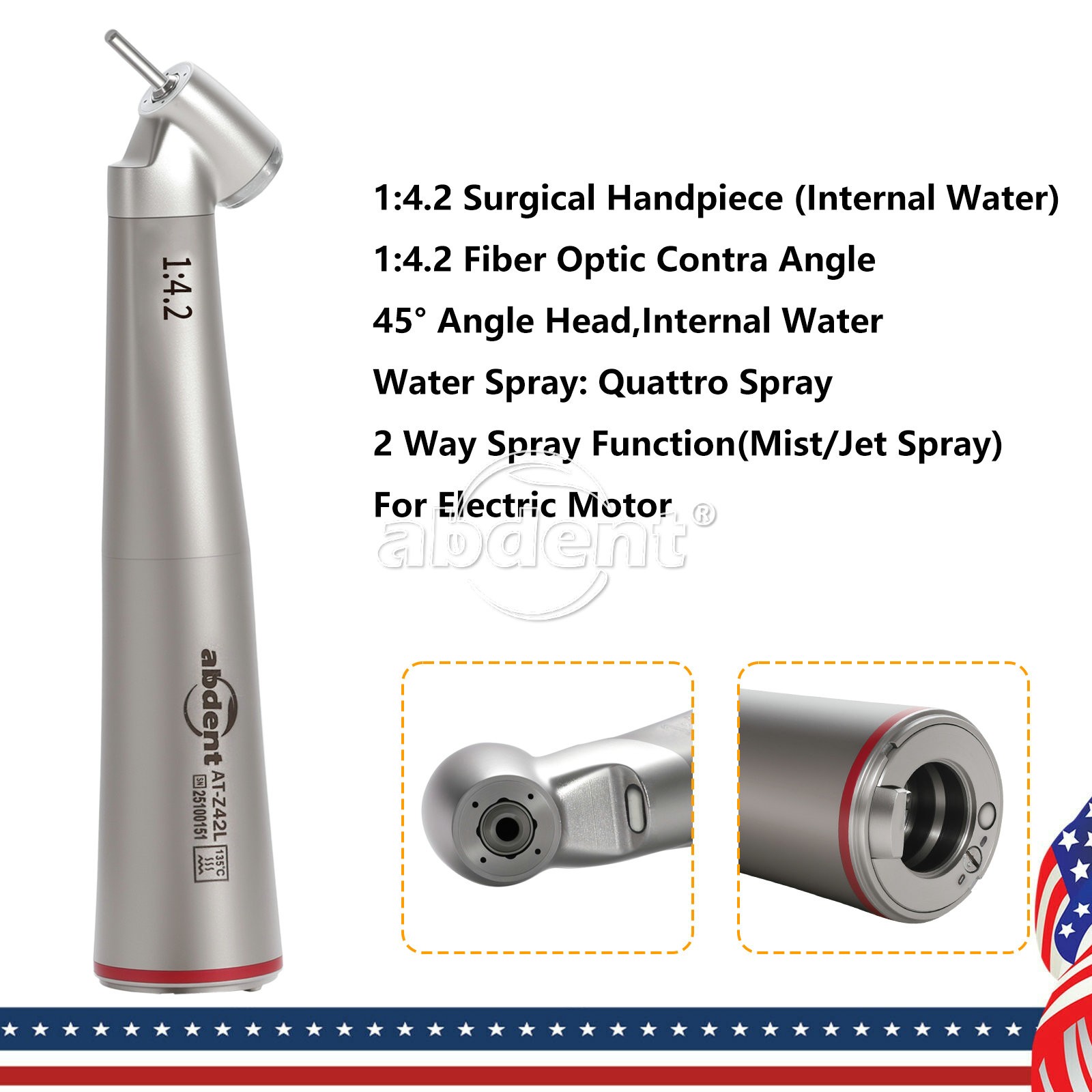 AbDent Dental 45° Contra Angle LED Optic 1:4.2 Handpiece Quattro Spray AT