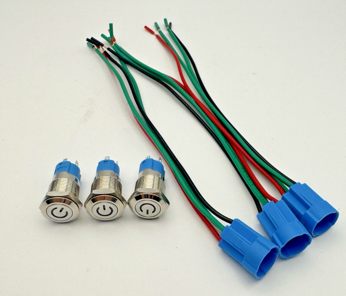 3 x 12MM Latch Push Button Switch 12V w/ BLUE LED Pre-Wired Connector