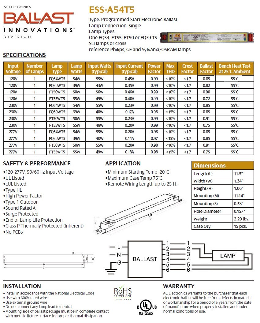 AC Electronics ESS-A54T5 Fluorescent Ballast, 1 Lamp, FQ54 T5, 54W, 120-277V
