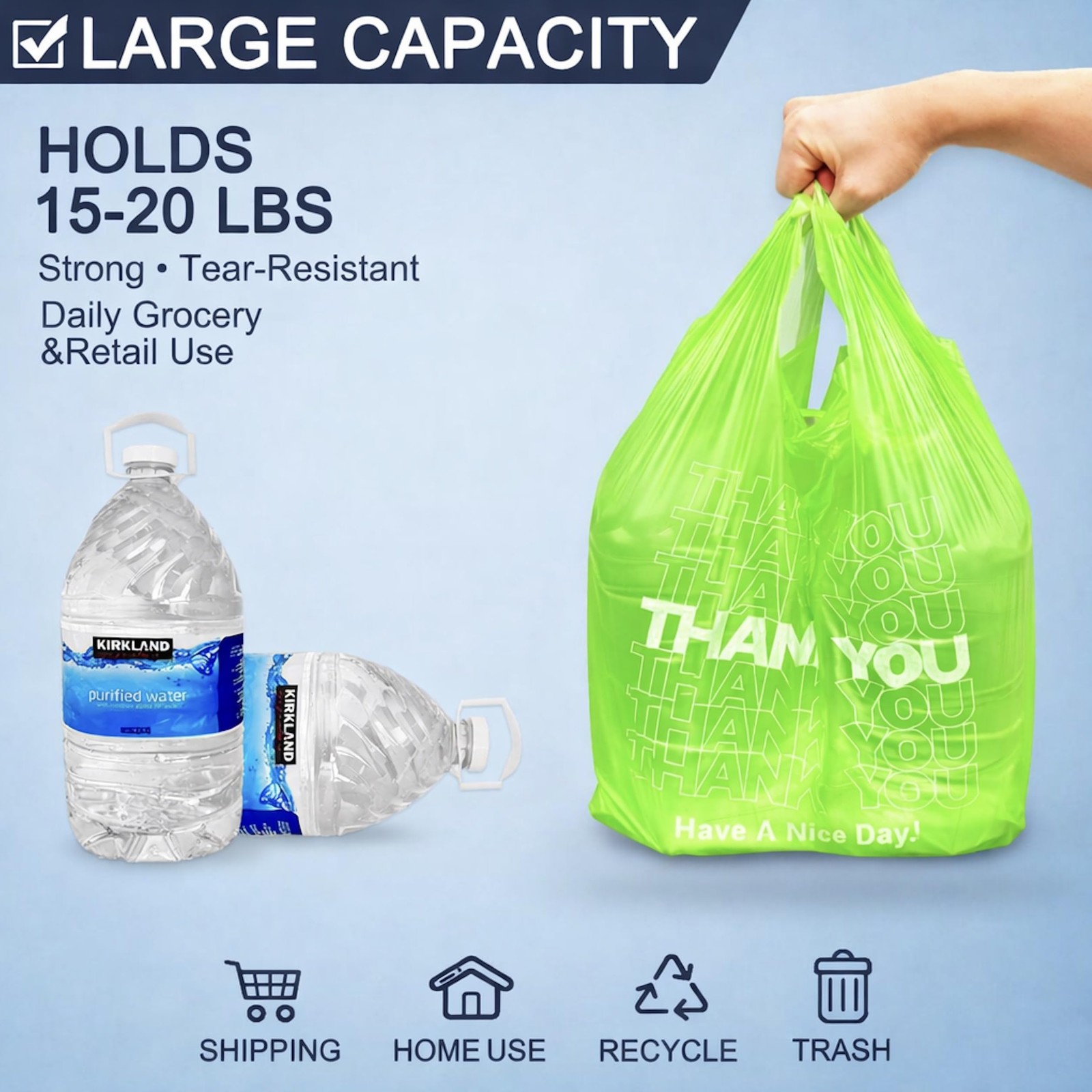 YoYoRain 100 Pack “Thank You” T-Shirt Bags – Green Plastic Large,