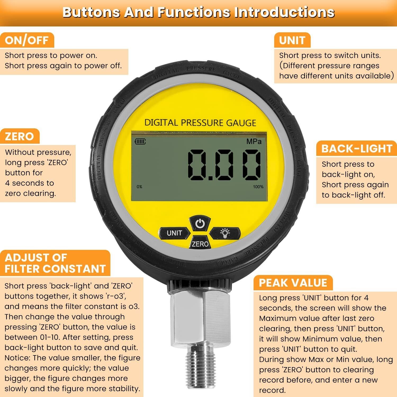 10000PSI Digital Hydraulic Pressure Gauge Test Coupling Kit 1/4 NPT 700BAR/70Mpa