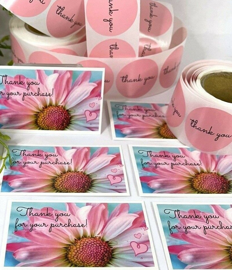 200 pc Business Set, Thank You Cards. Thank You Stickers, Pink Daisy 100 Sets