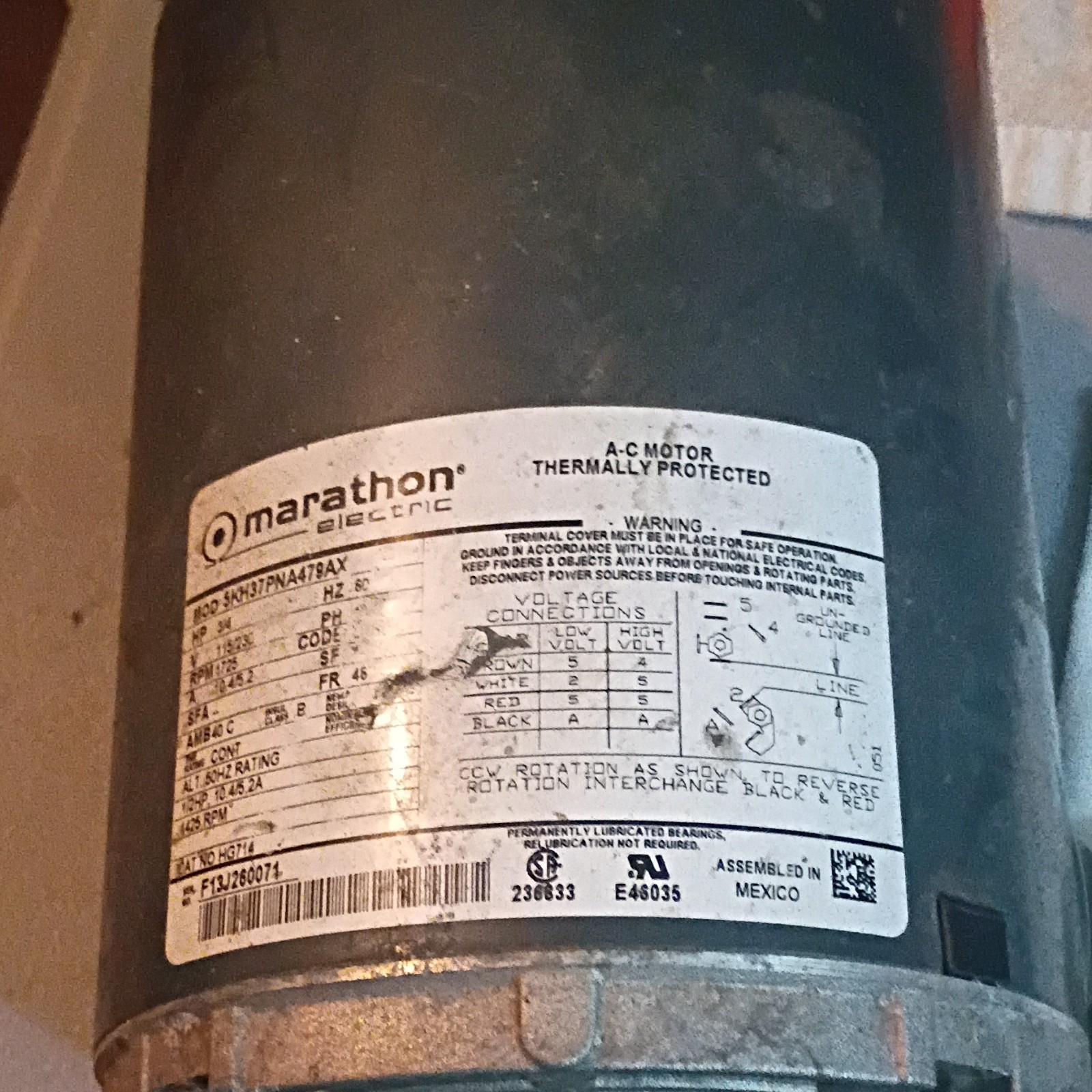Marathon Electric 5KVPNA479AX 3/4HP 115/230V 1PH 1725RPM Induction Foot