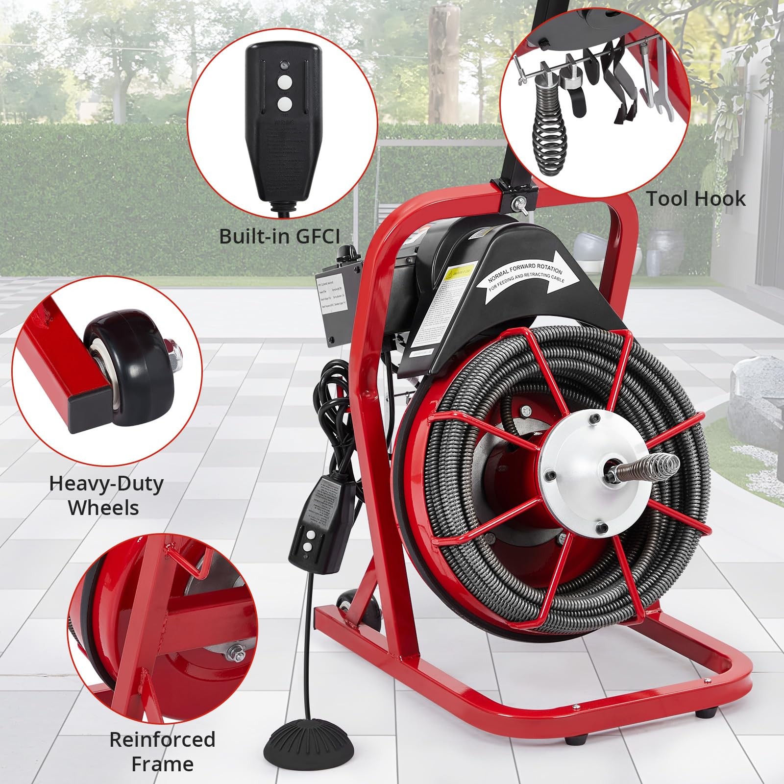 Drain Cleaner Machine Portable Electric Drain Auger Sewer Snake 75 Ft x 1/2 Inch