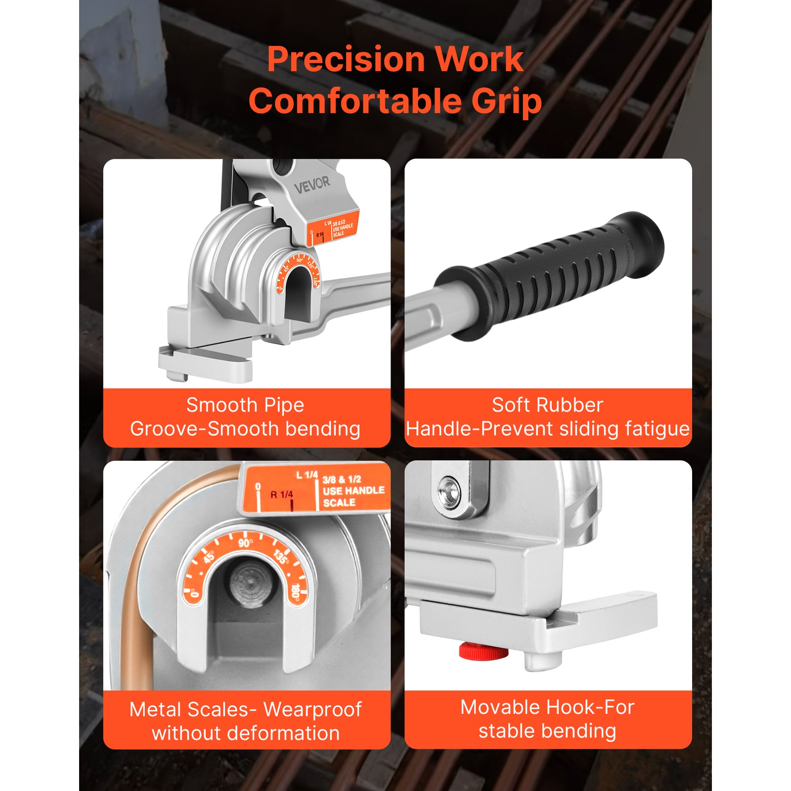 VEVOR 3 in 1 Lever Pipe Tube Bender for 1/4″, 3/8″, 1/2″ O.D. 0-180° Bending