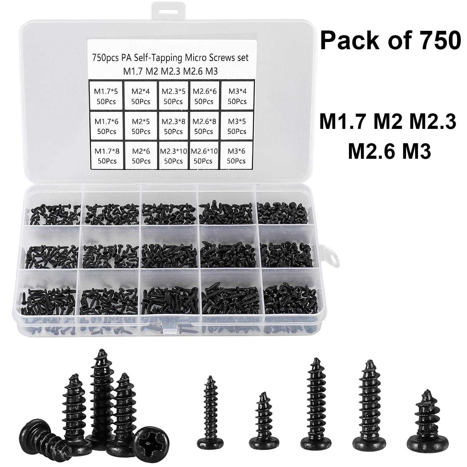 750 Pcs Small/Micro/Tiny/Mini Self-Tapping Screws, M1.7-M3 Phillips Pan Head, Cr