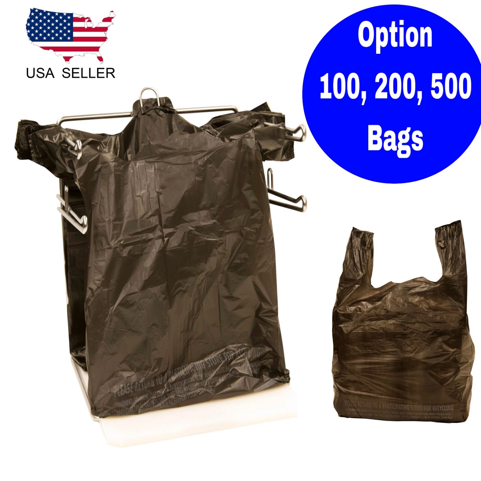 Black T Shirt Bags Plastic Grocery Shopping Carry Out Bag 11.5”x6.5”x22”