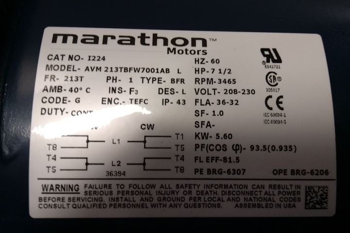 Marathon Motors 213TBFW7001 7-1/2 HP 3465 RPM 208-230VAC General Purpose Motor