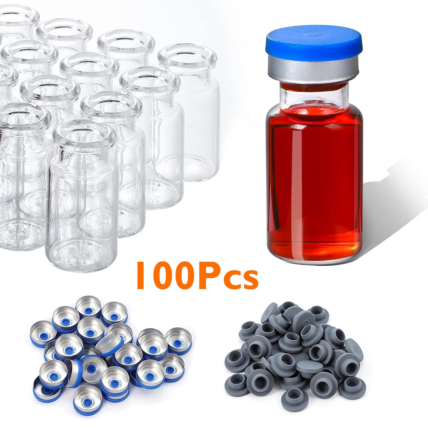 100-1000Pcs 10ml Clear Glass Headspace Vials w/ Plastic-Aluminum Flip Off Caps