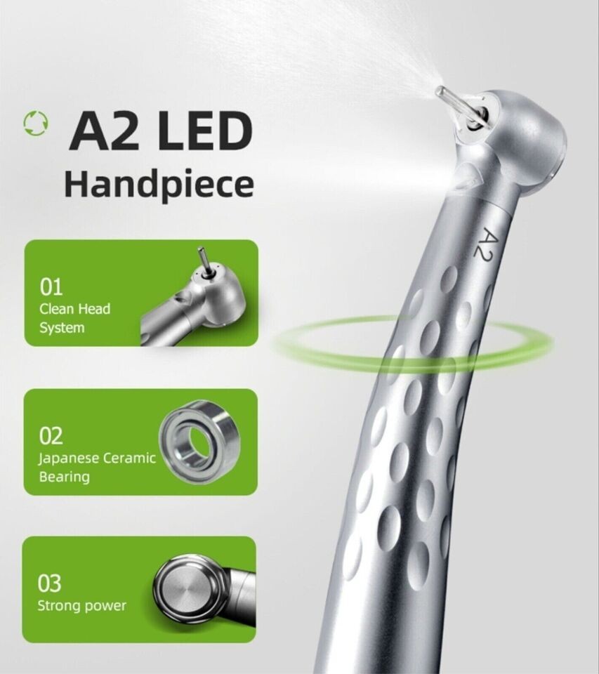 Apple Dental A2 LED High Speed Turbine 2 Hole Handpiece Push Button Triple Water