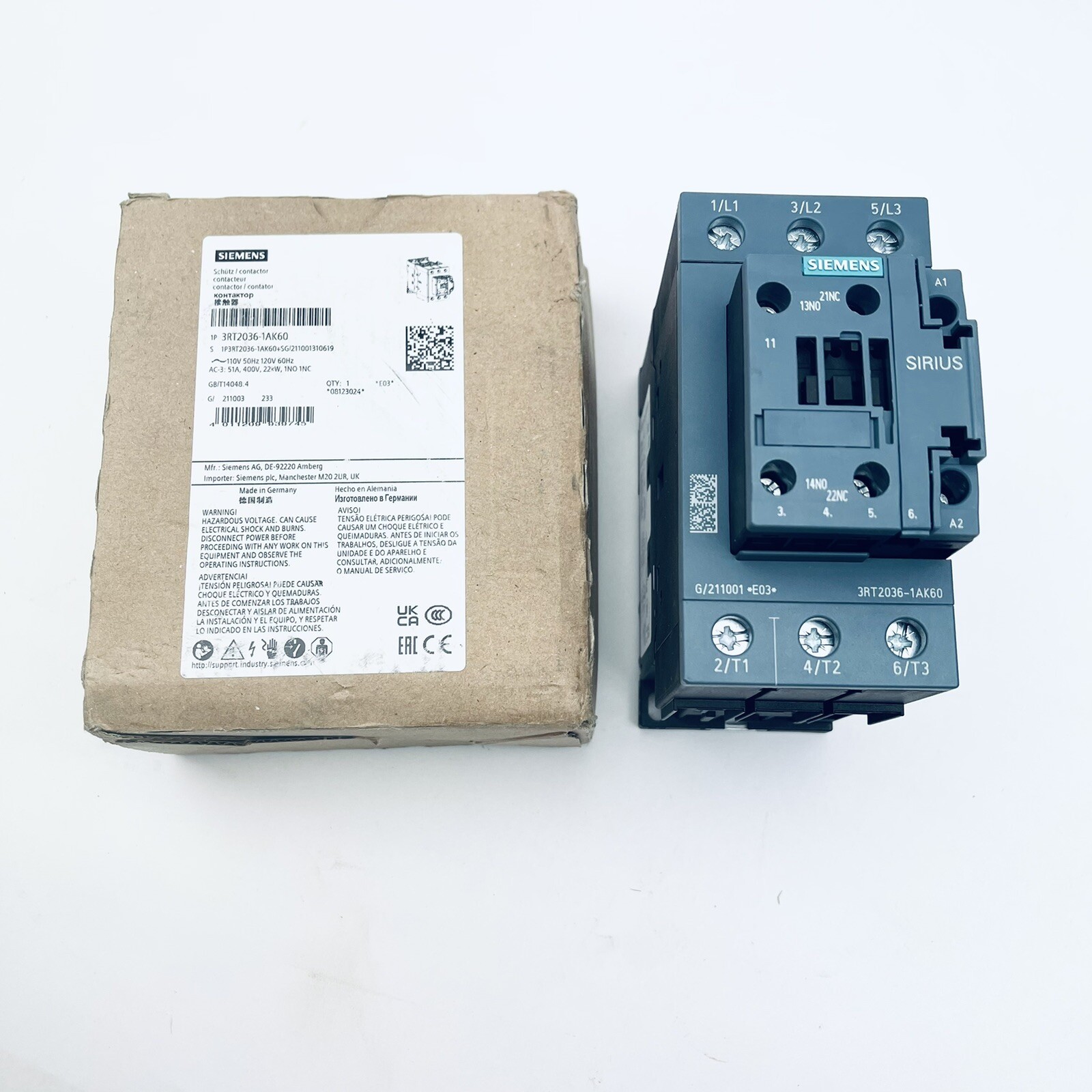 SIEMENS 3RT2036-1AK60 SIRIUS, 3 POLE POWER CONTACTOR 110V/50HZ-120V/60HZ , 50A