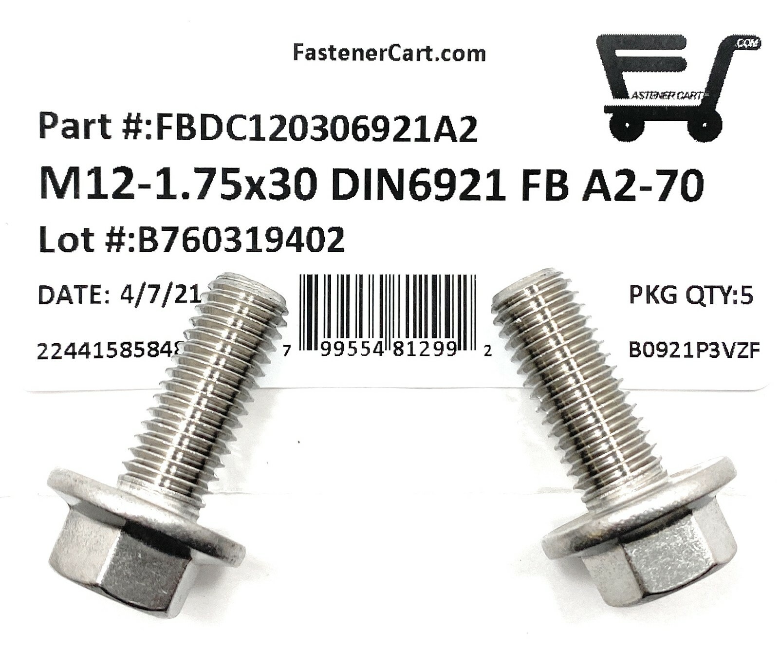 (5) M12 x 1.75 x 30 Stainless Steel DIN6921 A2 Hex Flange Bolts M12x30mm Flange