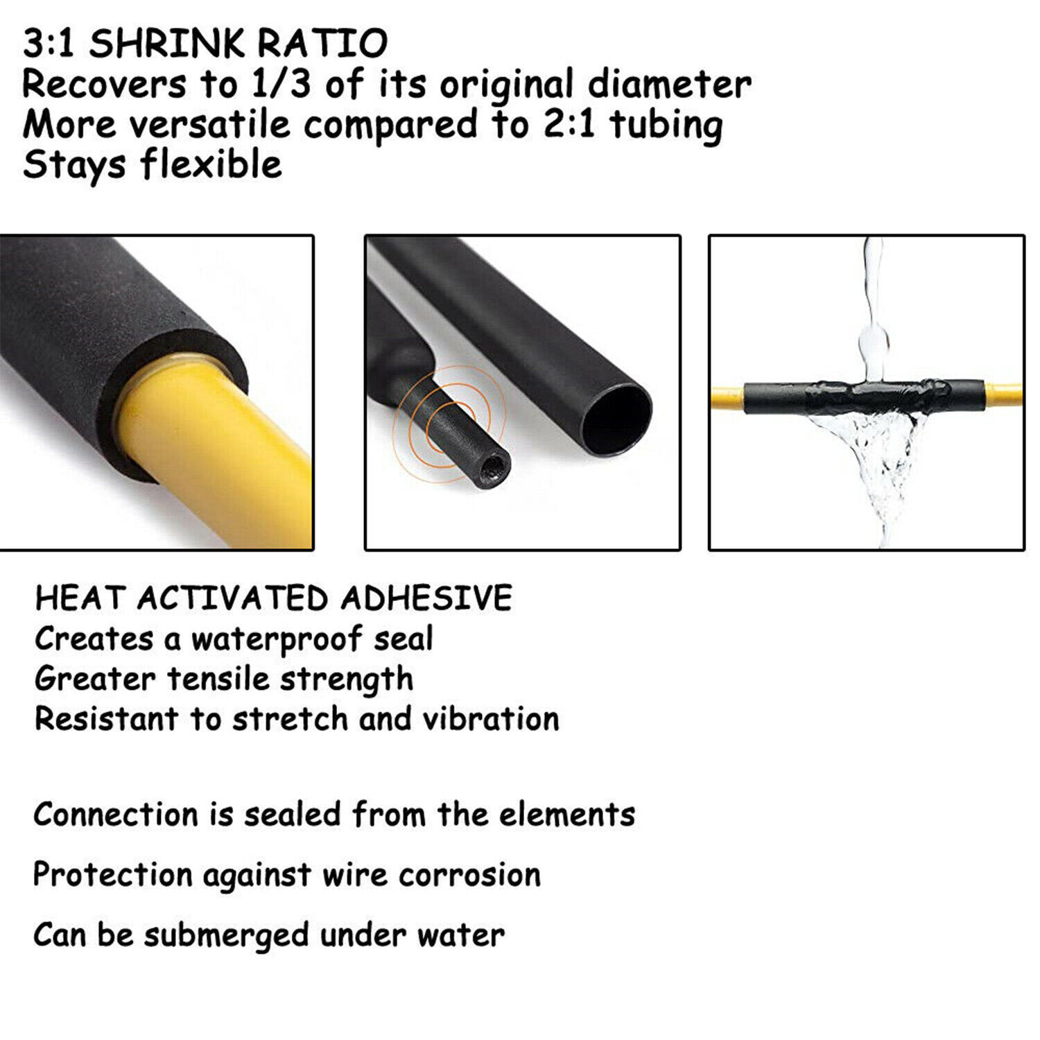 BLACK φ 6.4mm 1/4″ Heat Shrink Tubing Dual Wall 3:1 Marine Adhesive Glue Lined